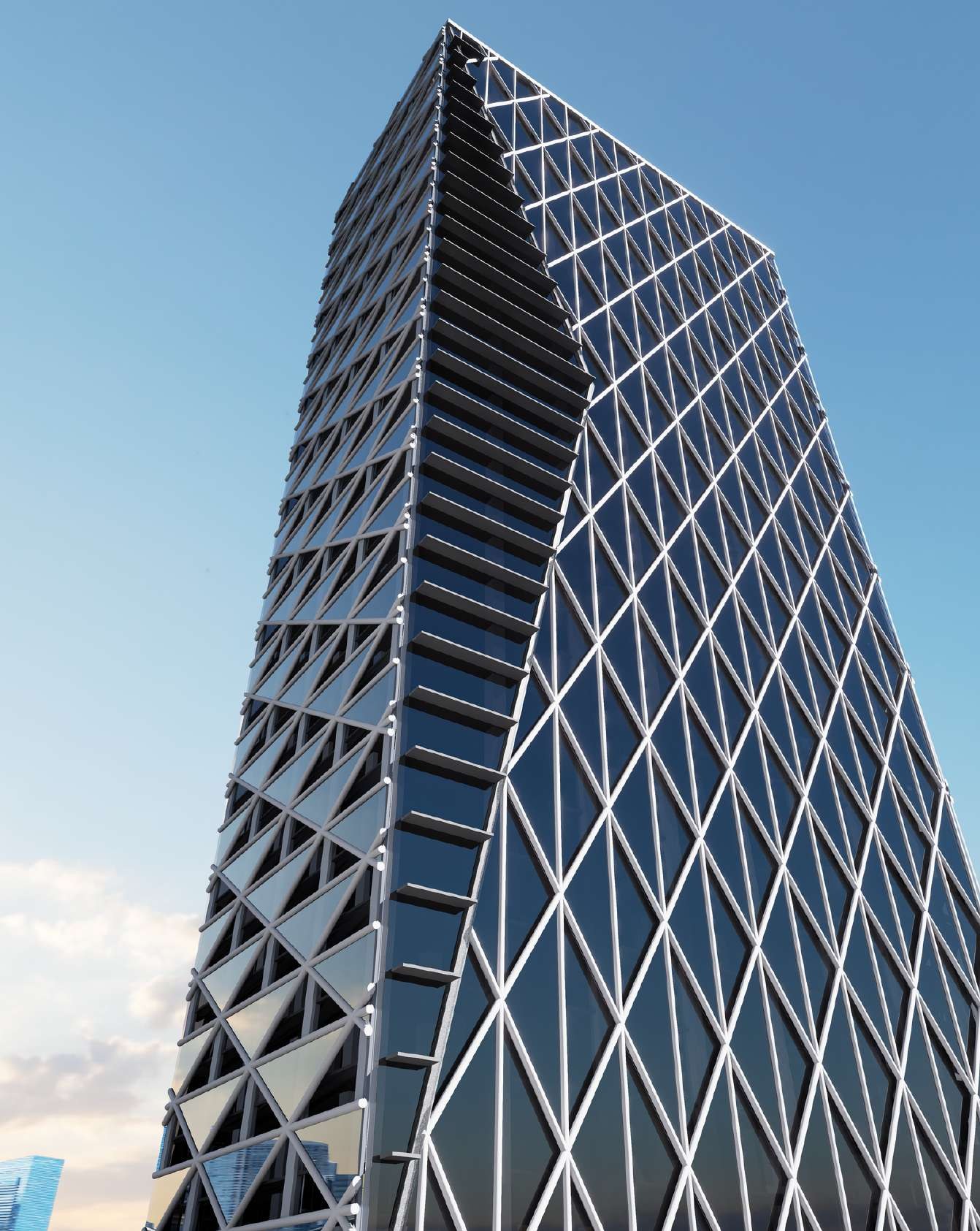 Dashen Bank Headquarters exterior, viewed from below against a clear sky