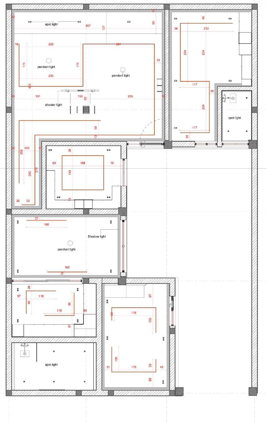 Working drawing — lighting and furniture layout plan for the villa’s living and bedroom wing.